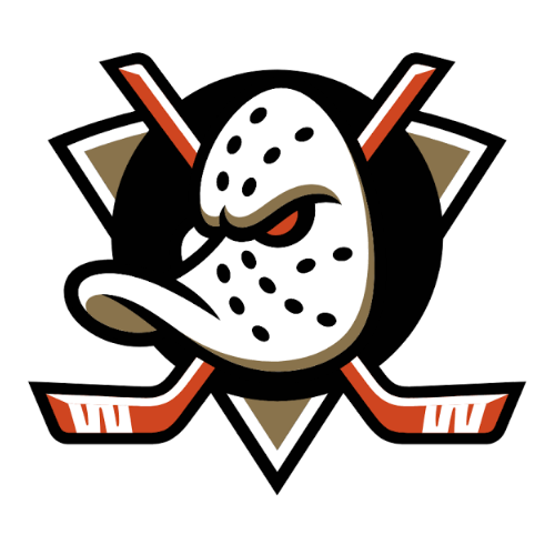 A stylized hockey mask graphic with crossed hockey sticks behind it on a black background. The mask is white with black spots and a small red eye, with tan and red accents.