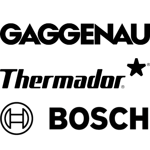 Three black brand logos on a white background: GAGGENAU at the top, Thermador with a star mark in the middle, and BOSCH at the bottom.