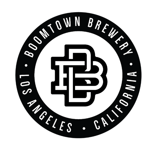 A circular black and white logo for Boomtown Brewery, Los Angeles, California, featuring a stylized interlocking 'B' monogram in the center.