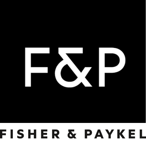 Fisher & Paykel logo on a black background with white text reading 'F&P' and 'FISHER & PAYKEL' below.