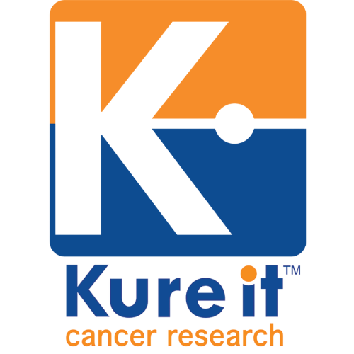Kure it cancer research logo featuring a stylized white 'K' with an orange and blue geometric background, and the text 'Kure it' and 'cancer research' below on a white background.