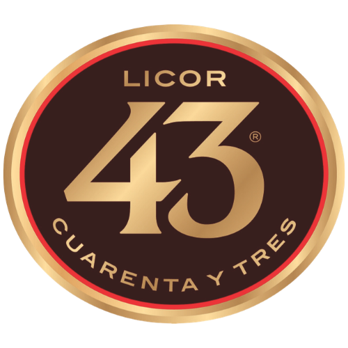 A circular gold and dark brown logo emblem for Licor 43 Cuarenta y Tres, featuring a metallic gold border, large gold numerals '43', and gold text on a dark brown background with a thin red inner ring.