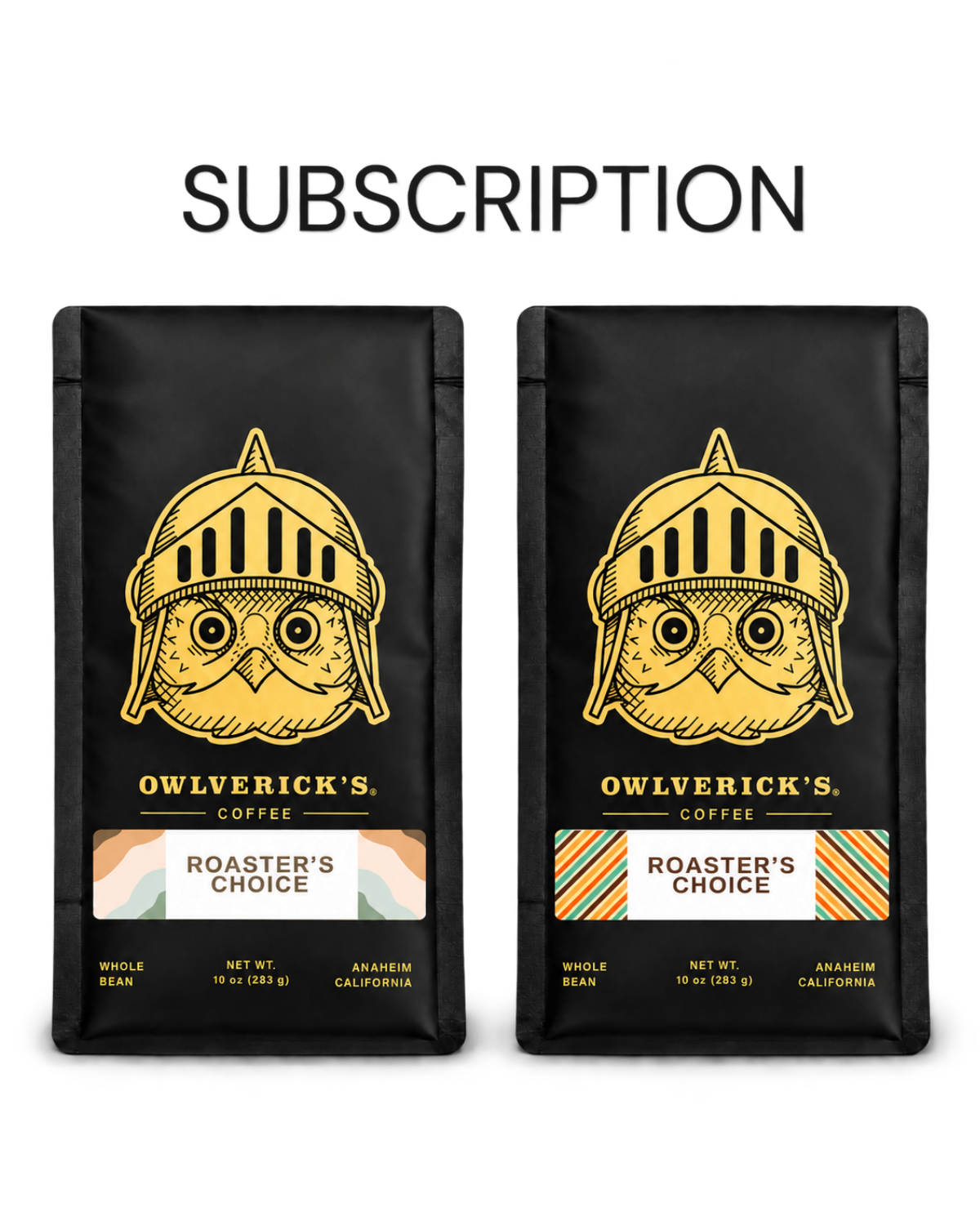 Two black bags of Owlverick's Coffee Roaster's Choice shown side by side on a white background, with the word 'SUBSCRIPTION' printed above them. The bags feature a gold owl in a helmet logo and a small label panel near the bottom.