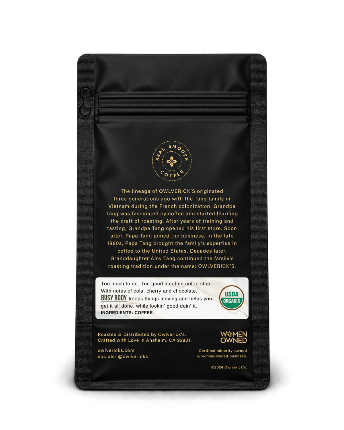 A black coffee bag package from Delgerick's, featuring white text detailing the company's history, USDA Organic badge, and a 'Woman Owned' logo.