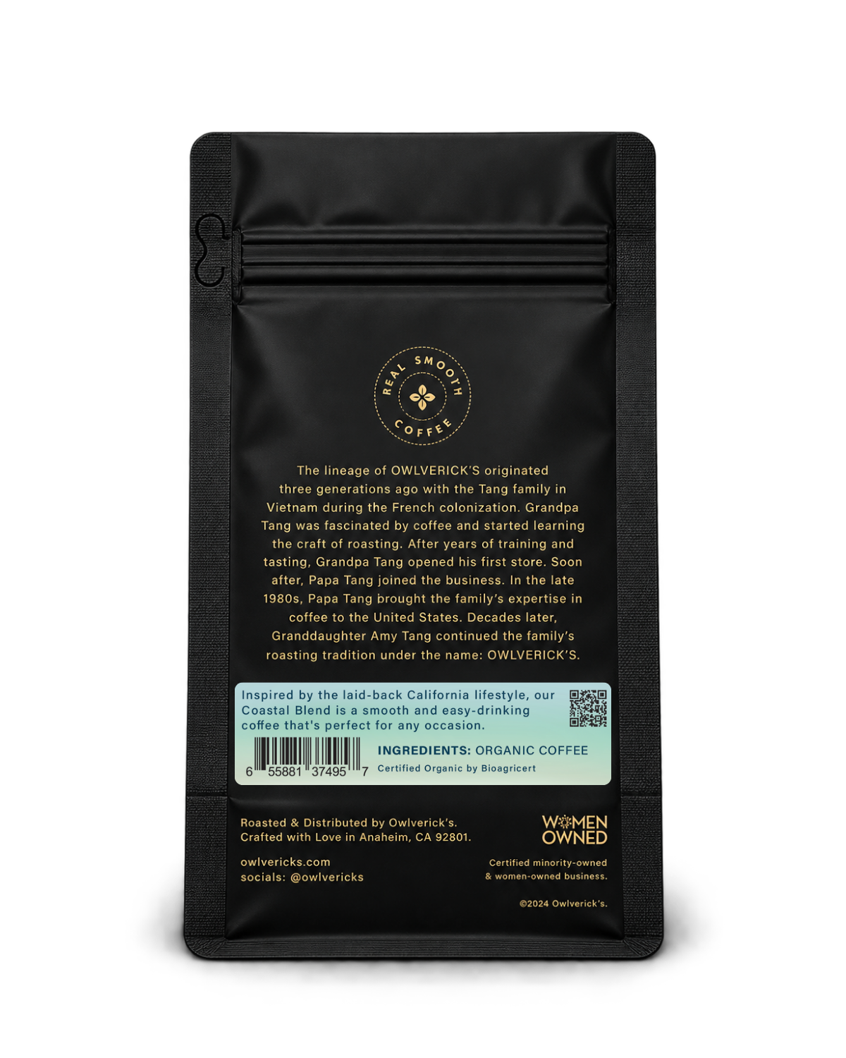 Back of a black coffee bag package with Gold text, an ingredient panel, a description of the Owlverick's Coffee company history and a brief blurb about Coastal Blend, shown on a white background.