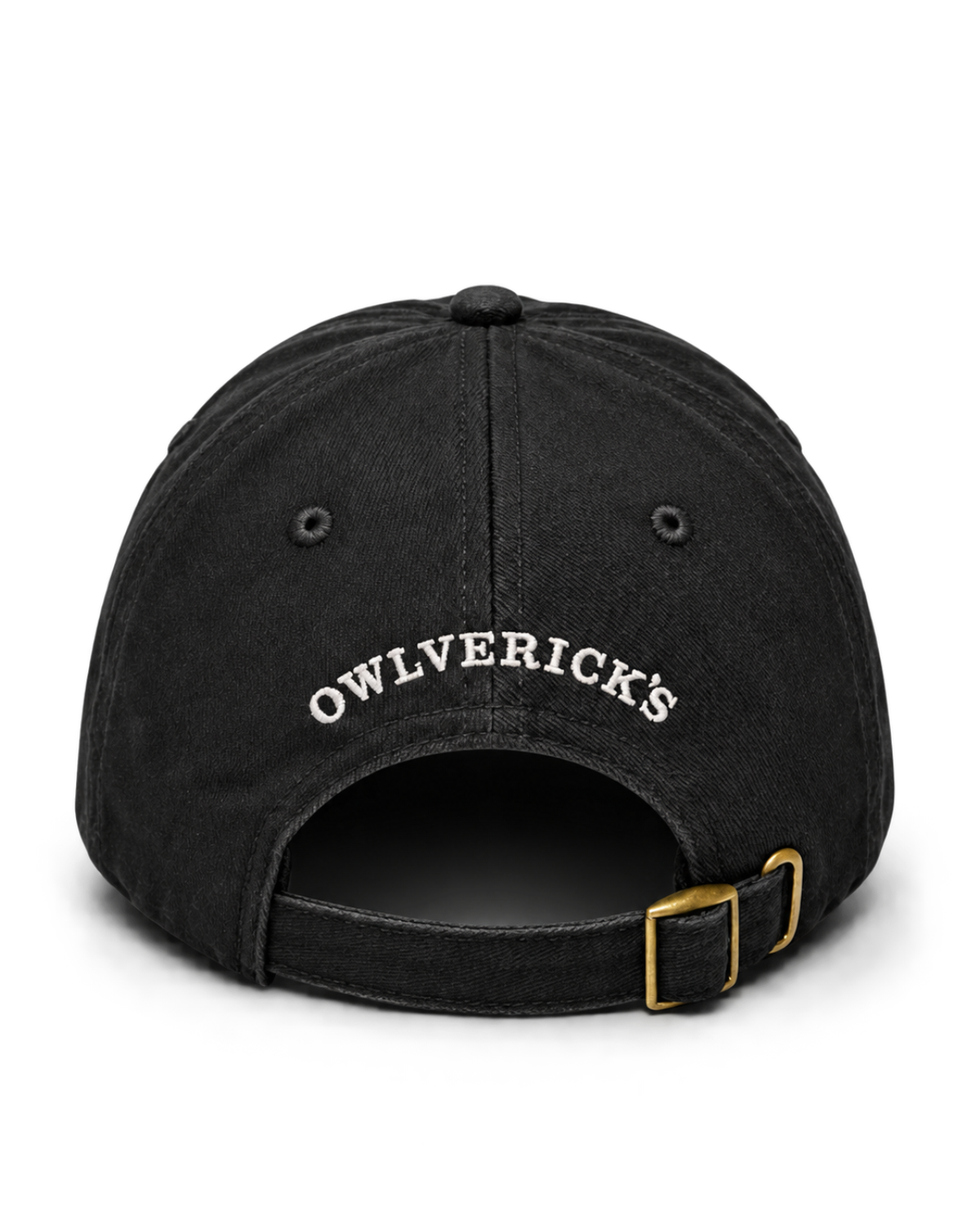 The back of a black baseball cap featuring 'OWLVERICK'S' embroidered in creme and an adjustable strap with a gold-tone metal buckle