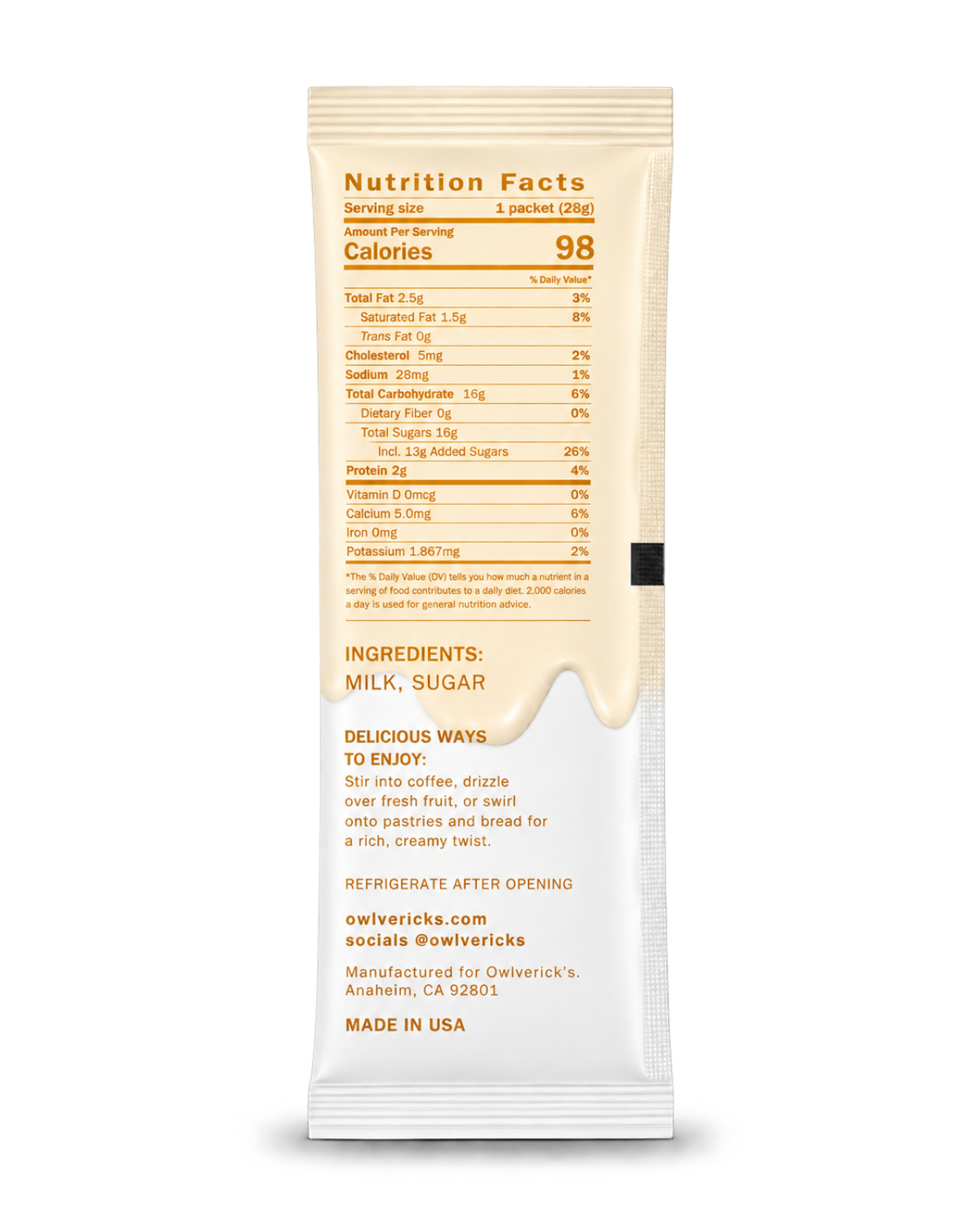 The back of an Owlverick's single-serving Condensed Milk pouch, showing the nutrition facts label, ingredients list, and directions, with a creme drip design on a clean white background.