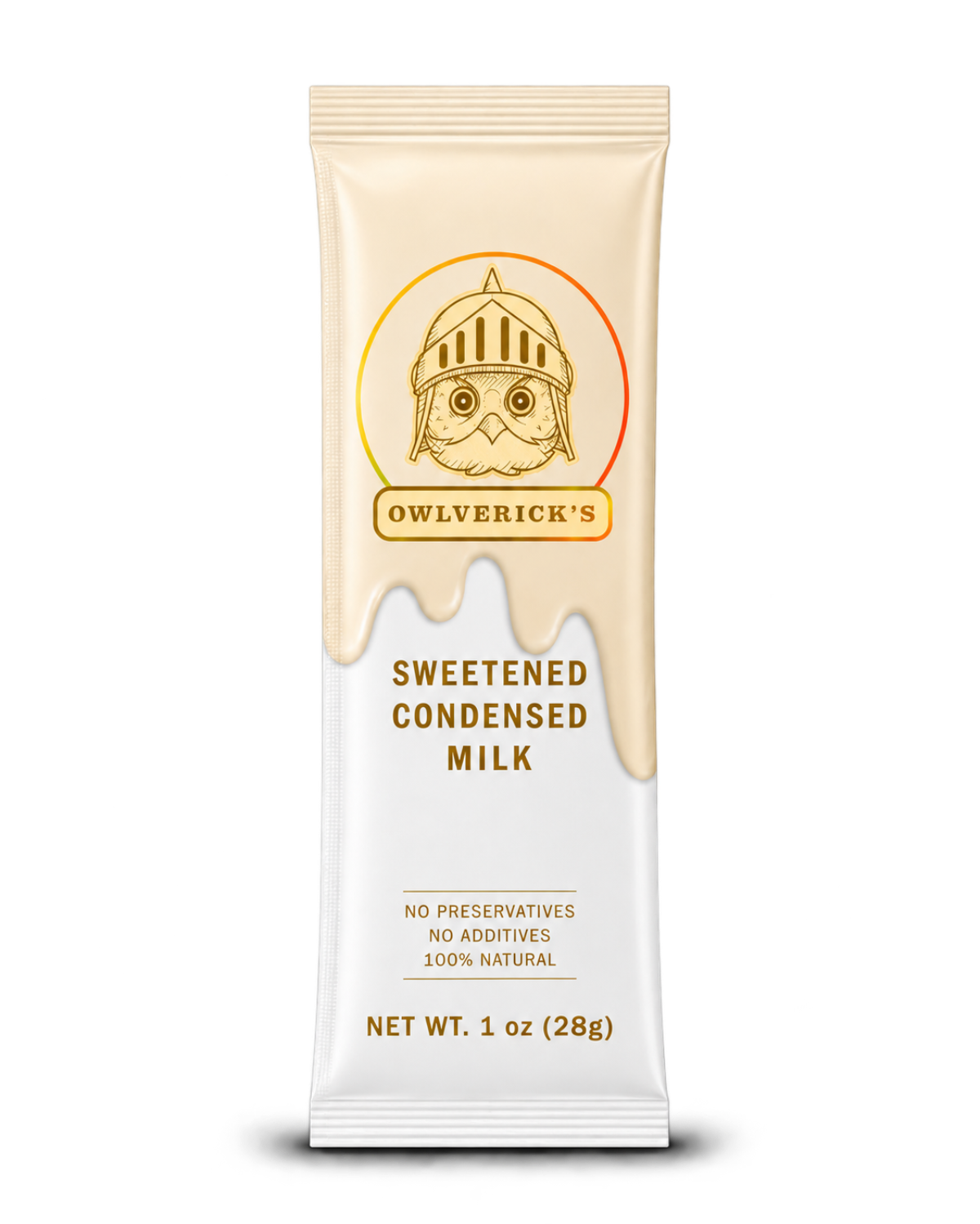 A single-serving pouch of Owlverick's Sweetened Condensed Milk, featuring a cream-colored design with gold text and logo of an owl wearing a knight helmet, set against a plain white background.