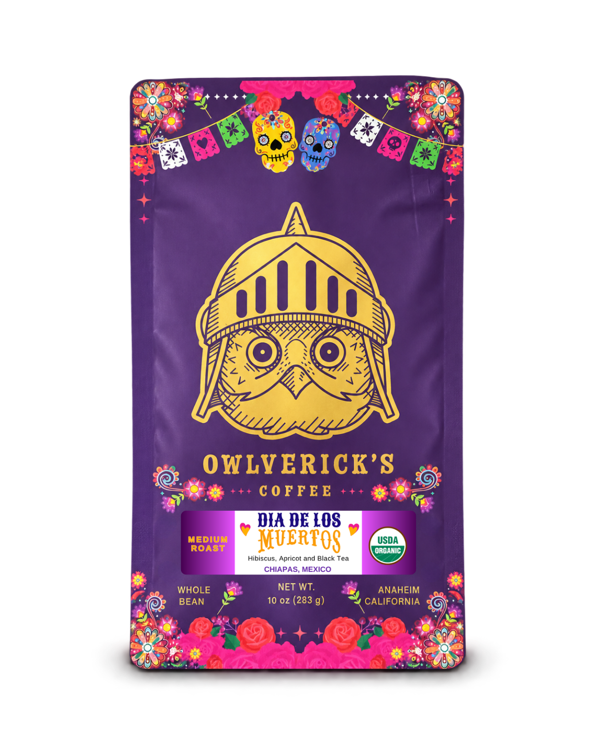 A purple coffee bag with a large gold owl face in a knight helmet with the words "Owlverick's Coffee" underneath. The front shows the Owlverick's Coffee logo and colorful geometric icons along with a small 'Dia de los Muertos sticker and a USDA organic label. 