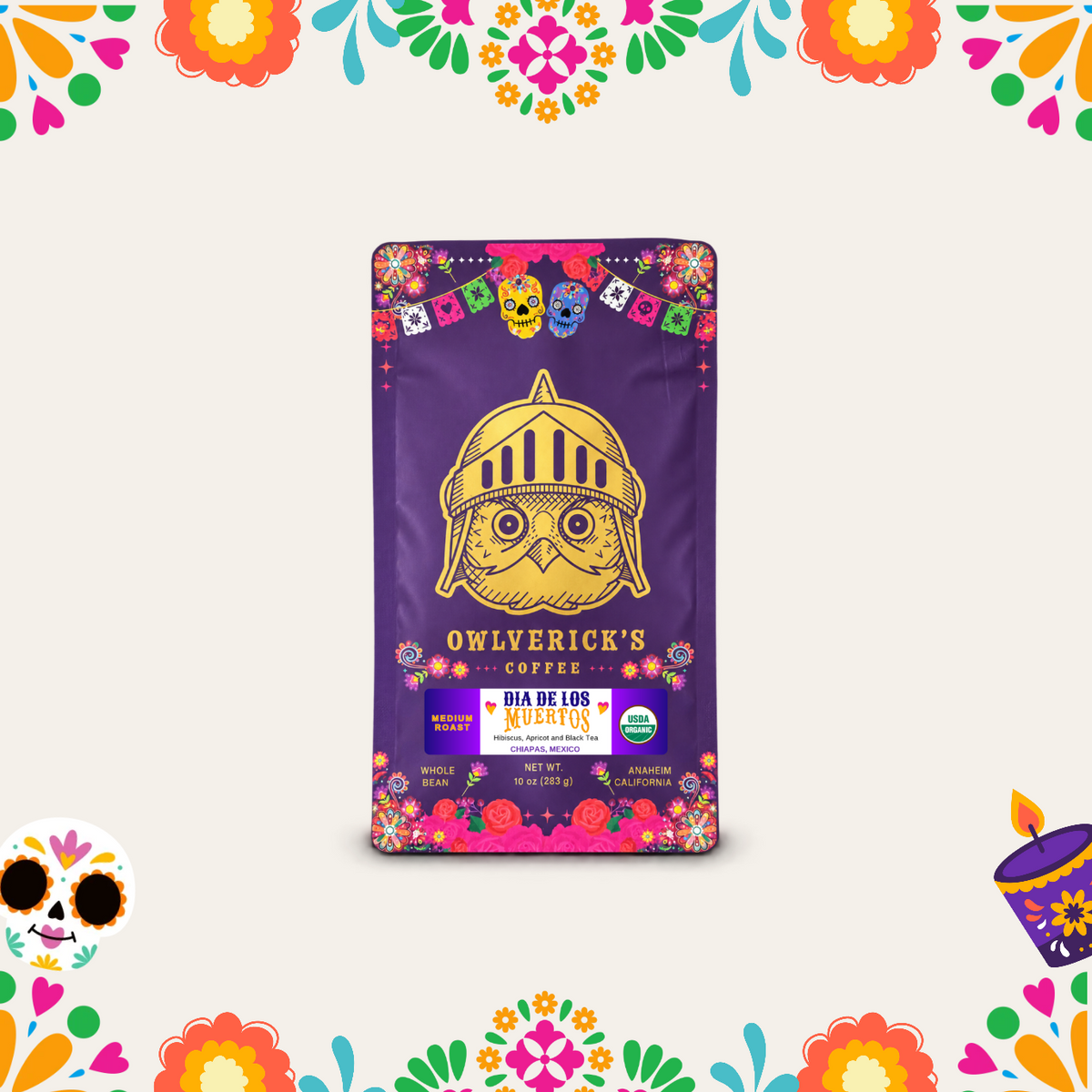 A bag of Owlverick's Coffee 'Dia de los Muertos' organic whole bean coffee is centered on a light cream background decorated with colorful Mexican folk art motifs, including sugar skulls, flowers, and a candle.