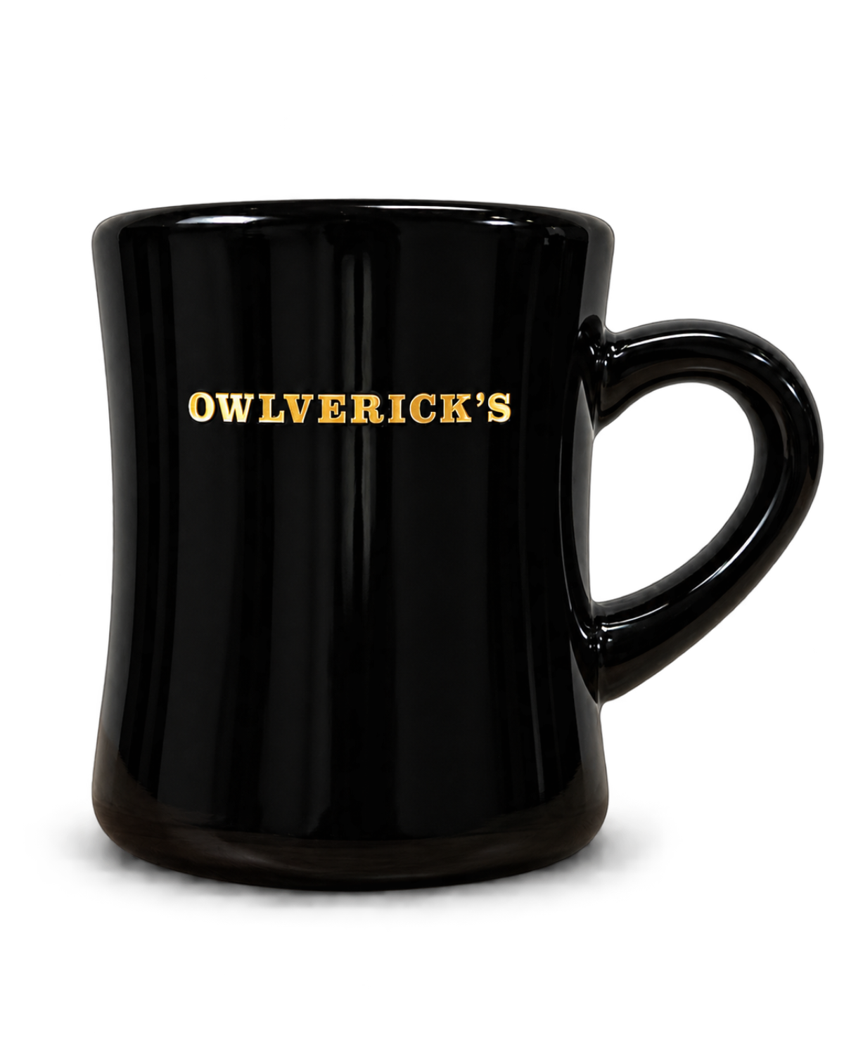 A glossy black ceramic mug with the word 'OWLVERICK'S' printed in gold lettering on the back set against a plain white background.