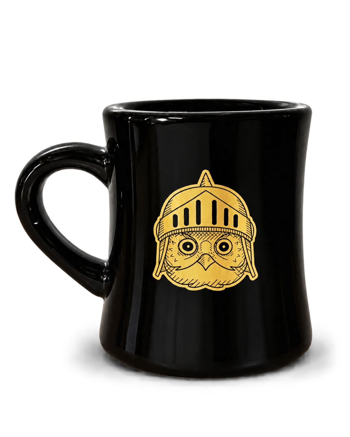 A glossy black ceramic mug featuring a gold-colored graphic of an owl wearing a knight helmet, set against a plain white background.