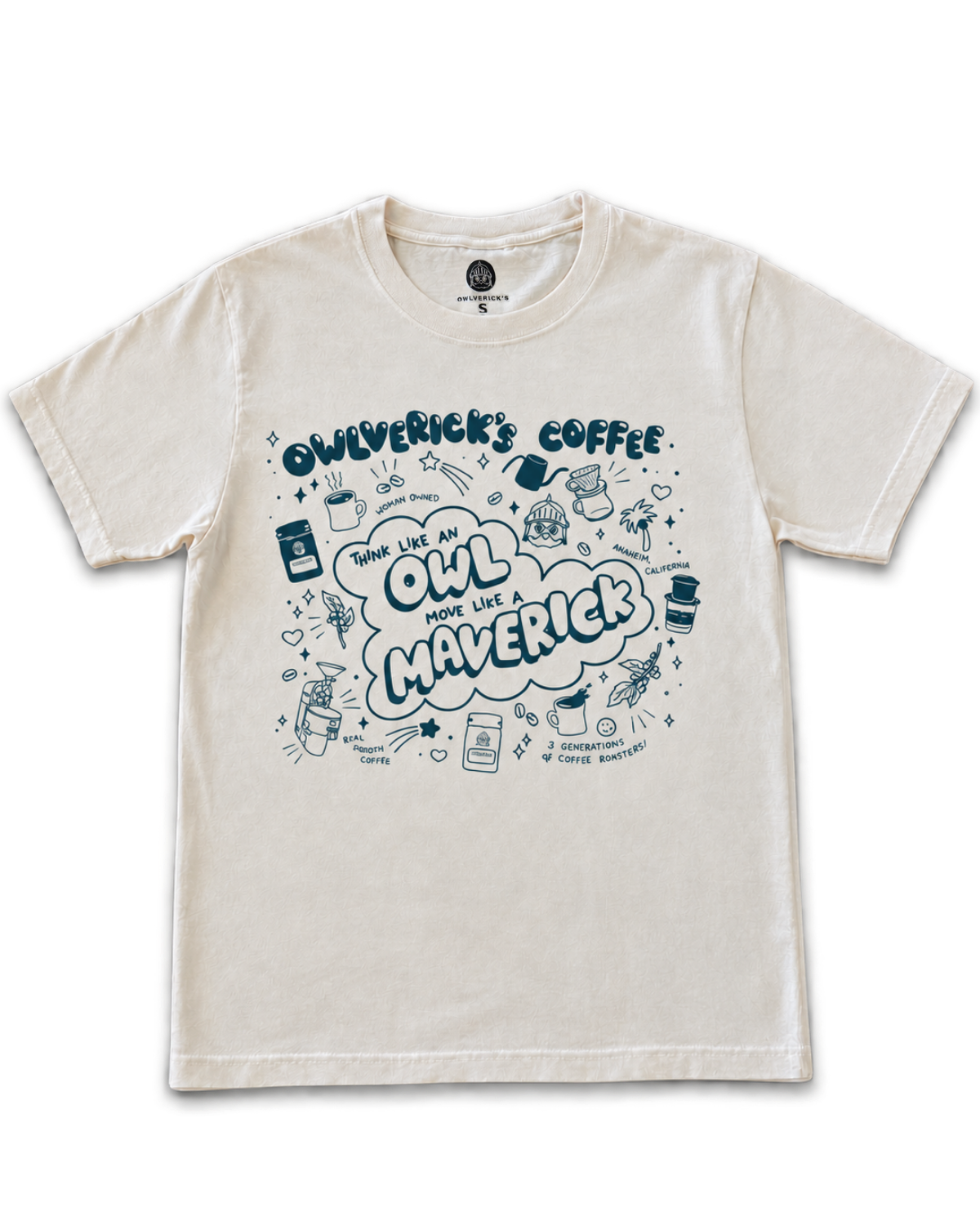 An vintage white short-sleeve t-shirt with a blue graphic print on the front featuring the text 'OWLVERICK'S COFFEE'  surrounded by coffee-themed doodles, shown on a plain white background.