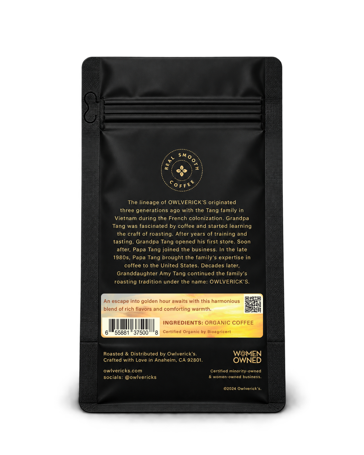 Back of a black coffee bag package with Gold text, an ingredient panel, a description of the Owlverick's Coffee company history and a brief blurb about Golden Hour, shown on a white background.