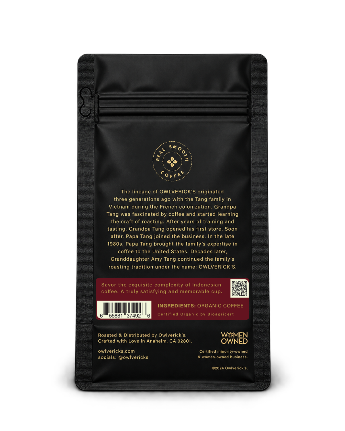 Back of a black coffee bag package with Gold text, an ingredient panel, a description of the Owlverick's Coffee company history and a brief blurb about Hangover Chaser, shown on a white background.