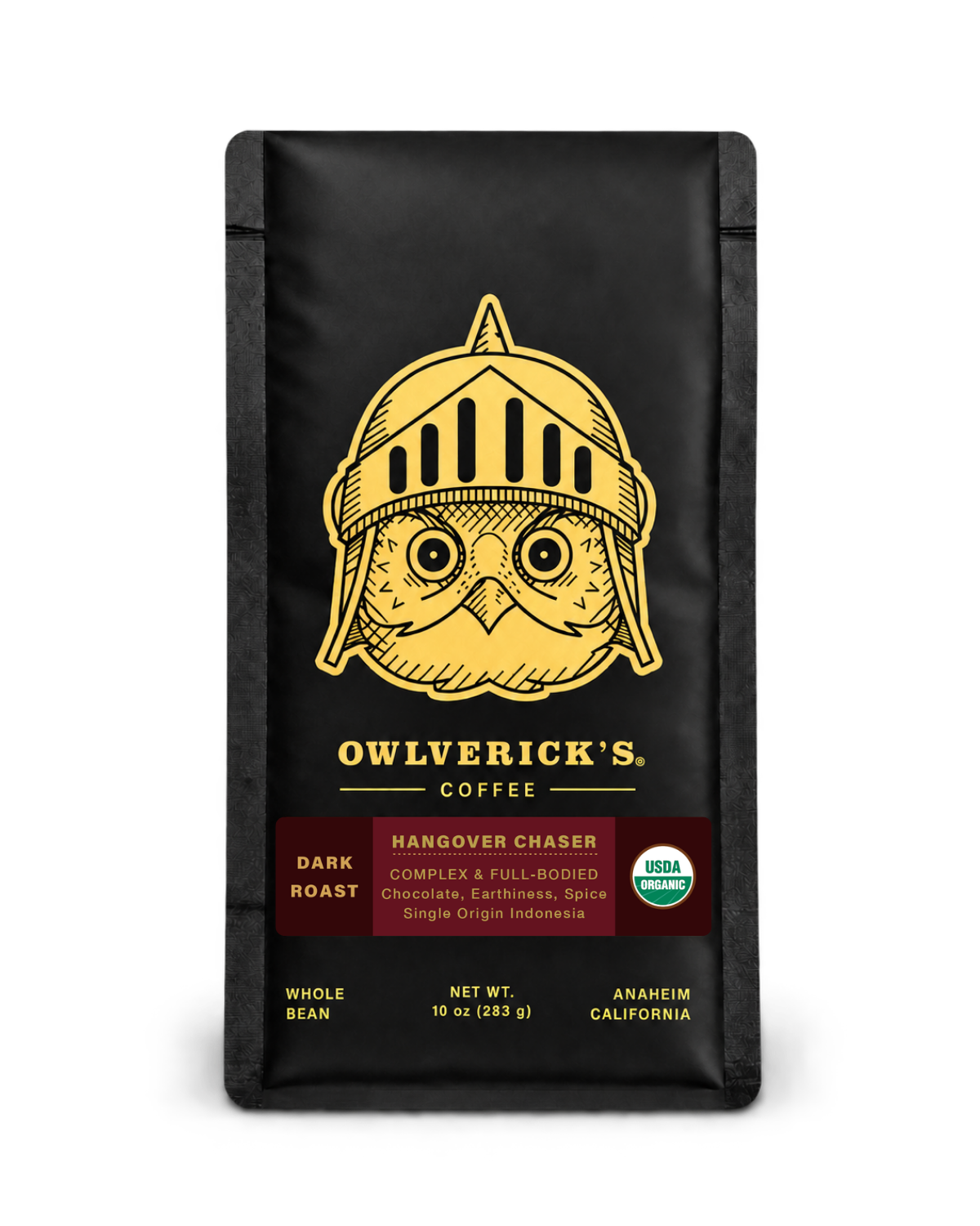 10 oz bag of Owlverick's Hangover Chaser Coffee in a matte black bag with a gold owl helmet logo and product details on the front, shown against a plain white background.