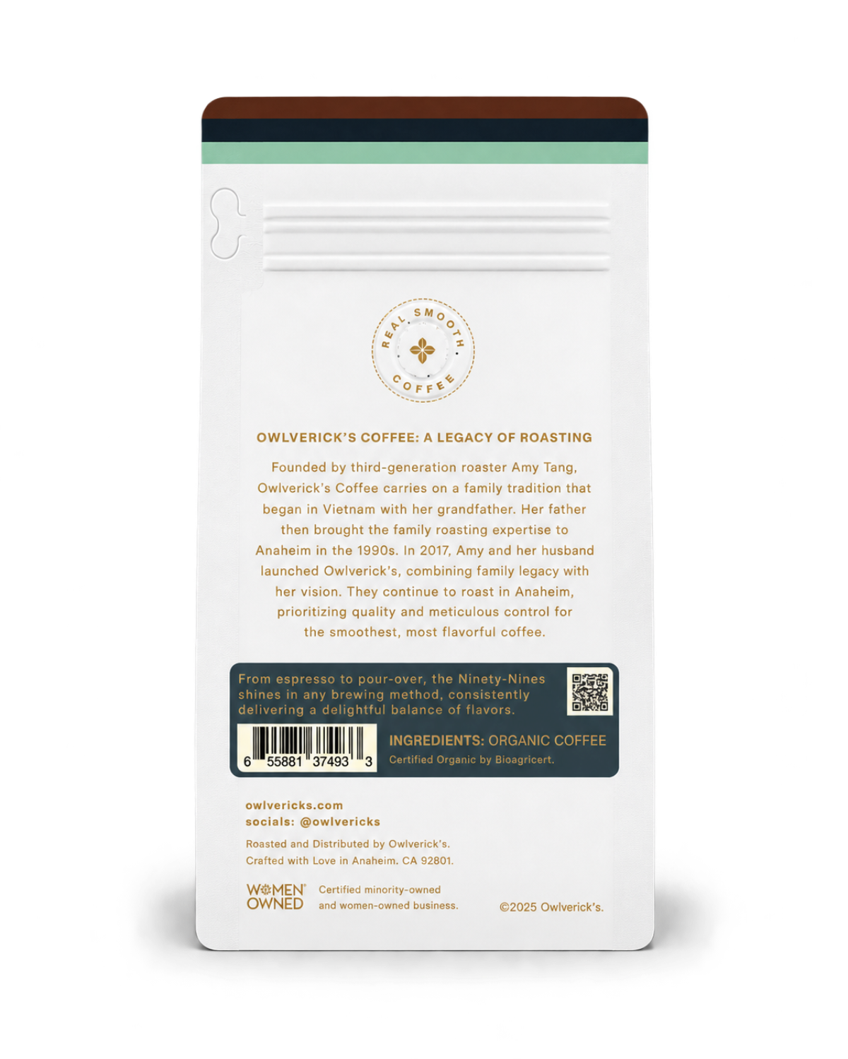 Back of 10 oz Owlverick's Coffee white bag, showing the brand slogan, company history, barcode, and ingredients panel in gold print on a white background.