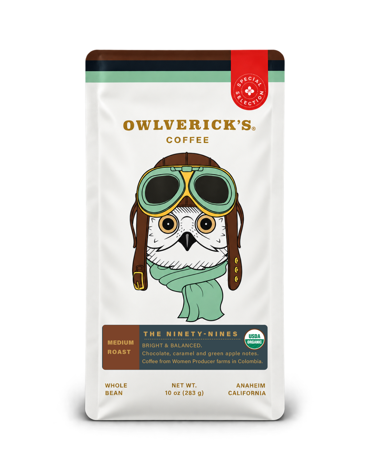 10 oz bag of Owlverick's Coffee 'The Ninety-Nines' Medium Roast whole bean package, featuring a white background with a stylized illustration of an owl wearing aviator goggles and a scarf.