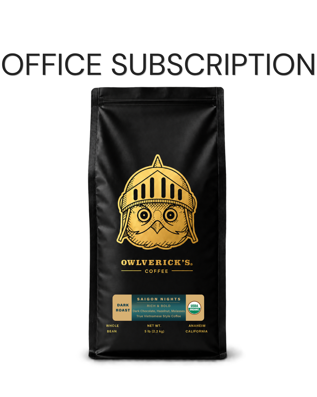 A black coffee bag with a gold owl in a helmet logo and the text 'OWLVERICKS COFFEE' on a white background, with large text above reading 'OFFICE 5 lb BAG SUBSCRIPTION'.