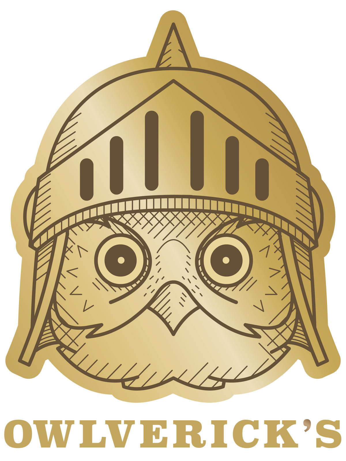 A stylized gold owl wearing a knight helmet, centered on a black background, with the text 'OWLVERICK'S' below in matching gold lettering.