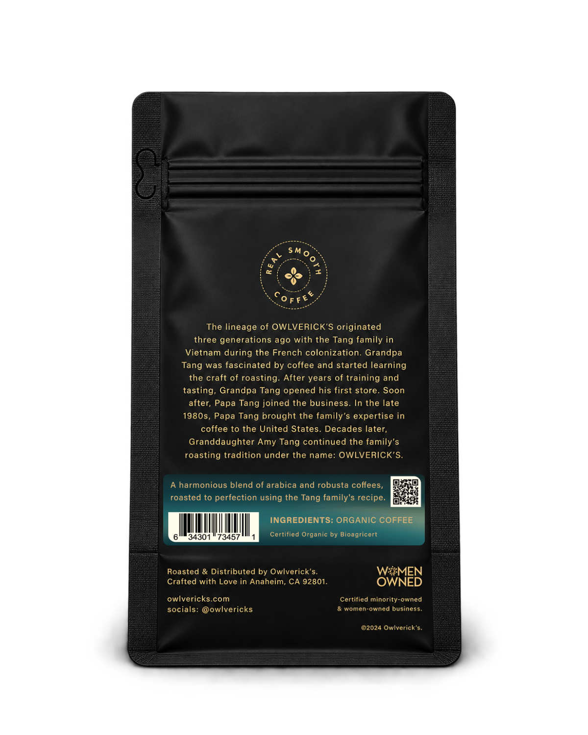 Back of a black coffee bag package with Gold text, an ingredient panel, a description of the Owlverick's Coffee company history and a brief blurb about Saigon Nights, shown on a white background.
