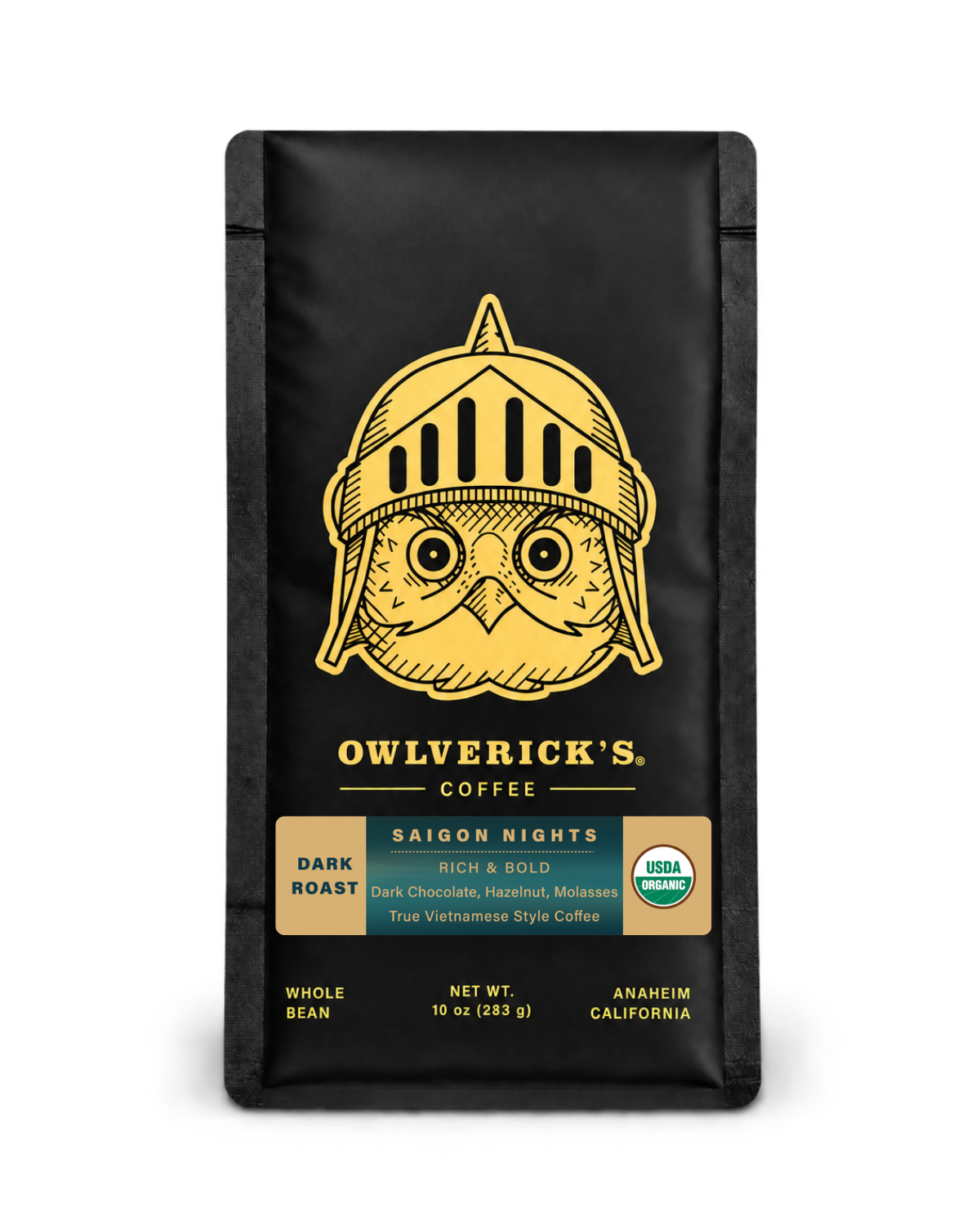 10 oz bag of Owlverick's Saigon Nights Coffee in a matte black bag with a gold owl helmet logo and product details on the front, shown against a plain white background.