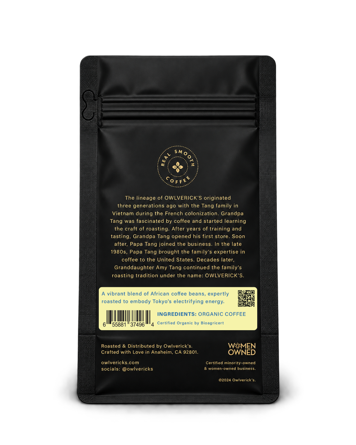Back of a black coffee bag package with Gold text, an ingredient panel, a description of the Owlverick's Coffee company history and a brief blurb about Tokyo Lights, shown on a white background.