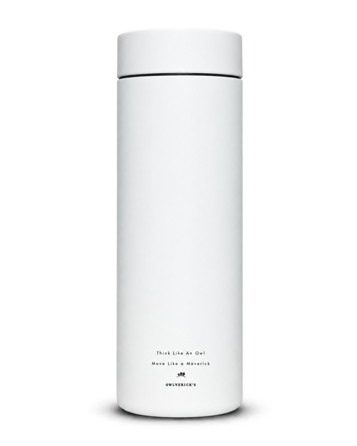 A white travel tumbler with a matching white lid, featuring small black text near the bottom, set against a solid white background.