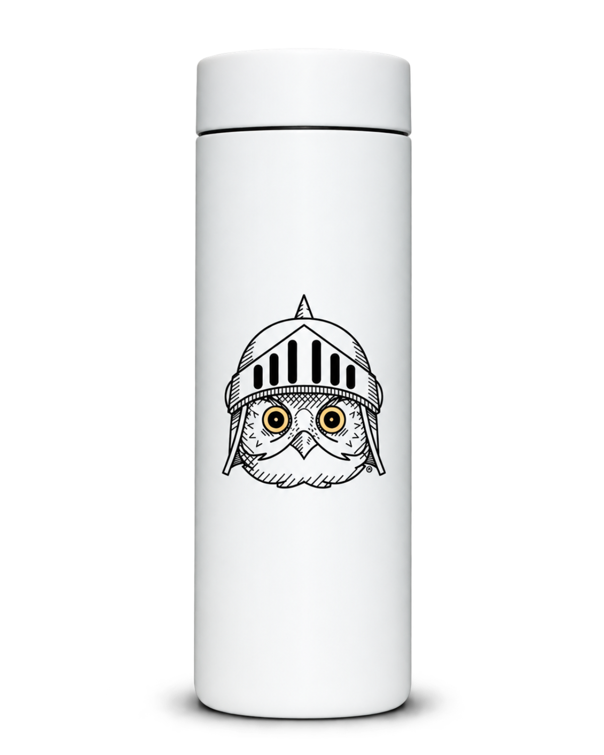 A white insulated travel tumbler with a matching lid, featuring a black line art illustration of an owl wearing a knight helmet on the front.