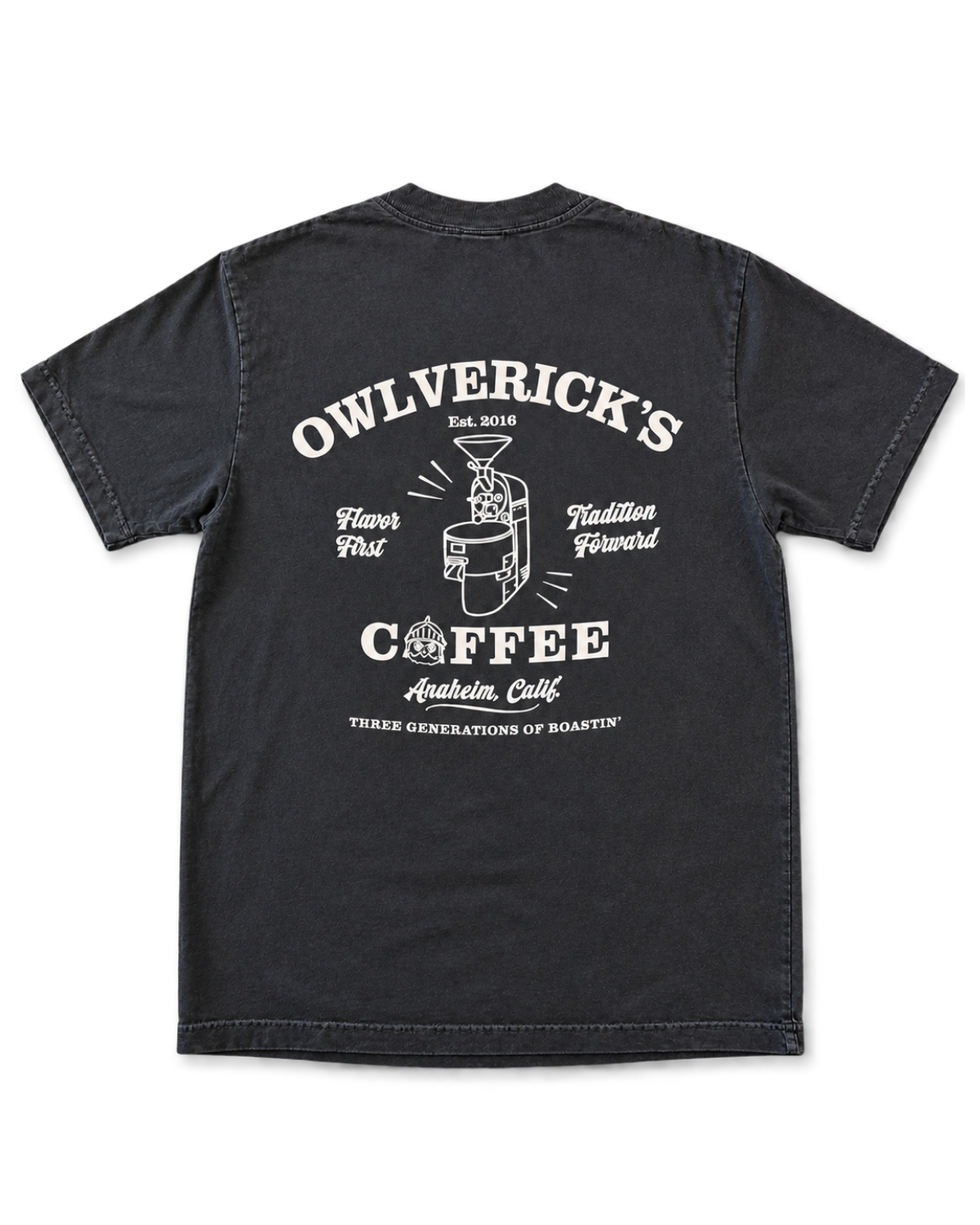 A Washed Black t-shirt shown from the back, featuring a white graphic print of an illustrated coffee roaster with the text 'OWLVERICK'S COFFEE' 