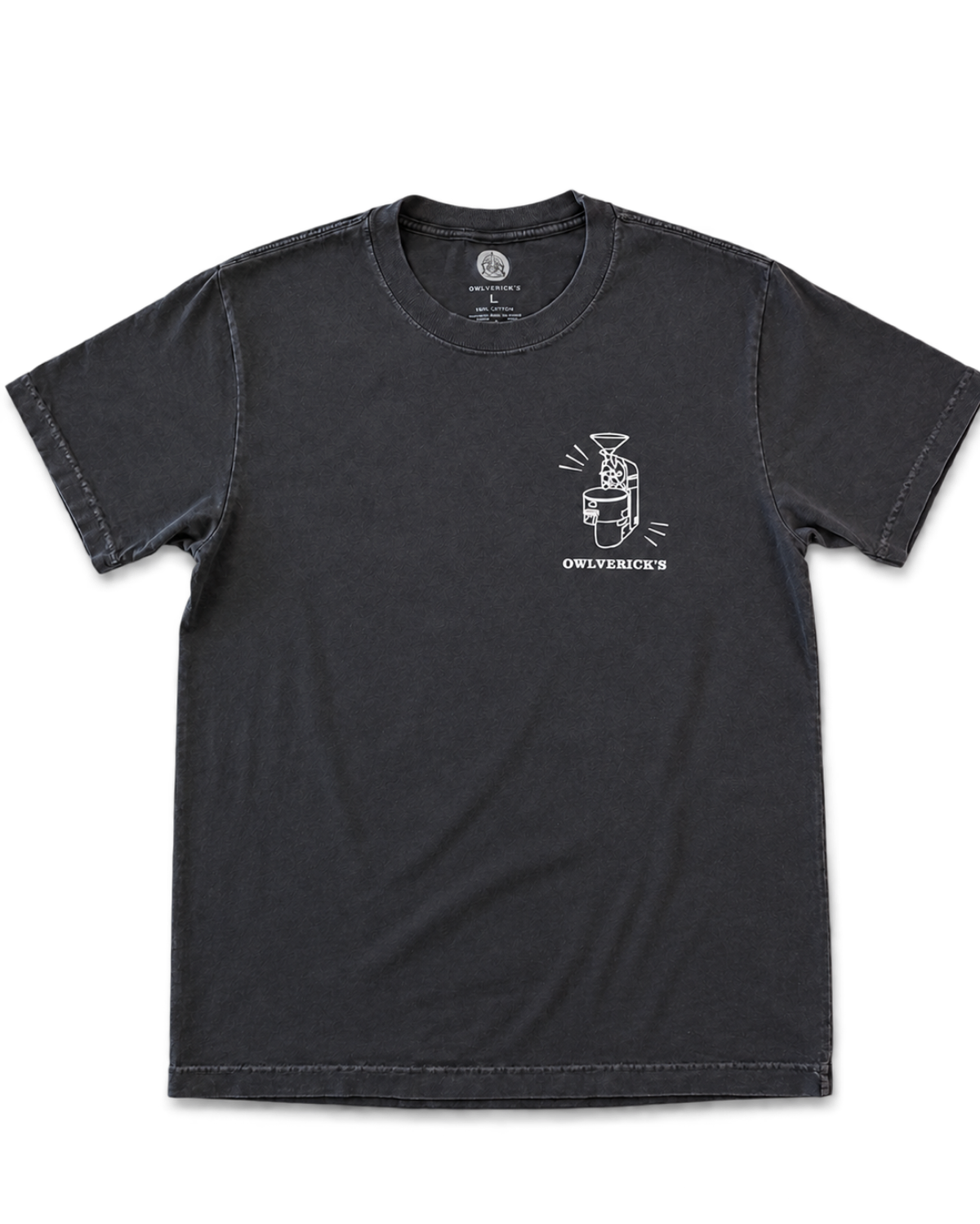 A Washed Black t-shirt with a small white graphic of a coffee roaster and the text 'OWLVERICK'S' printed on the left chest, displayed flat against a white background.