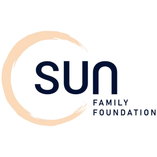 The logo for the Sun Family Foundation, featuring the word 'sun' in dark navy blue with a light peach circular brushstroke behind it, and 'FAMILY FOUNDATION' in dark navy text below on a white background.