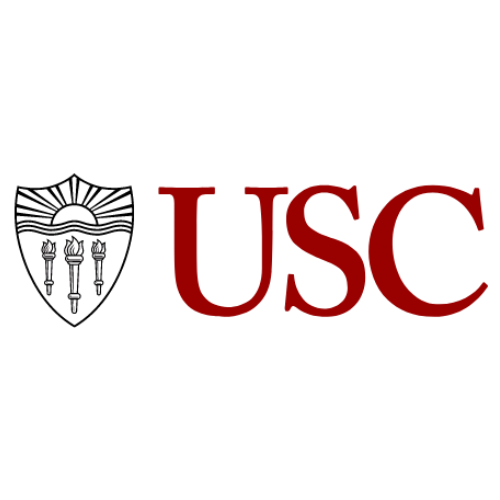 USC logo with the red letters 'USC' and the black-and-white University of Southern California shield emblem on a white background.