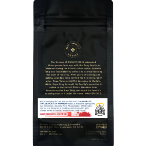 Back of Black Coffee Bag with Owlverick's Company Story