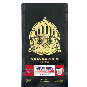 Front of Black Coffee Bag with Owl Design and Red Label