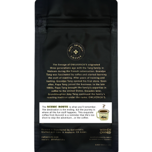 Back of Black Coffee Bag with small coffee flower design named Scenic Route