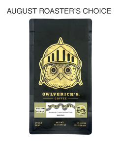 Front of Black Coffee Bag with Owl Design named Scenic Route