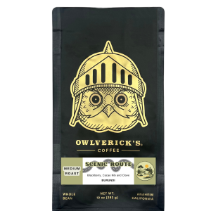 Front of Black Coffee Bag with Owl Design named Scenic Route