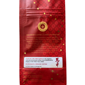 Back of Red Coffee Bag with Owl Design and Chinese New Year Theme