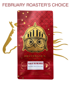 Front of Red Coffee Bag with Owl Design and Chinese New Year Theme