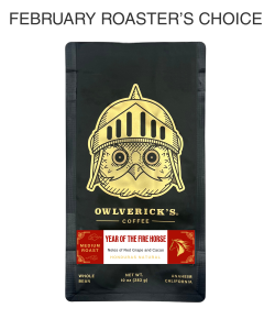 Front of black coffee bag for Year of the Horse with Owl Design