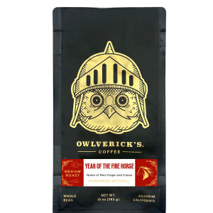 Front of black coffee bag for Year of the Horse with Owl Design