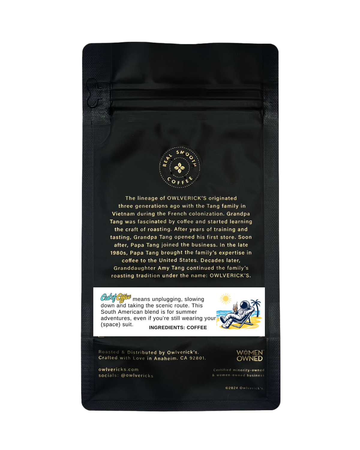 Back of Black Coffee Bag with Owl Design named Out of Office