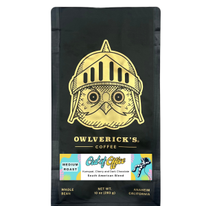 Front of Black Coffee Bag with Owl Design named Out of Office