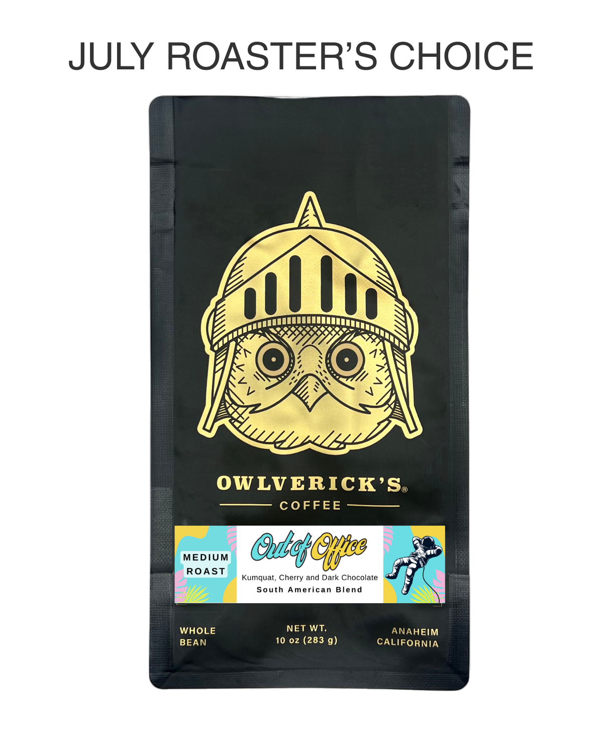Front of Black Coffee Bag with Owl Design named Out of Office