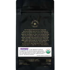Back of Black Coffee Bag with Owl Design named Artisanal Intelligence