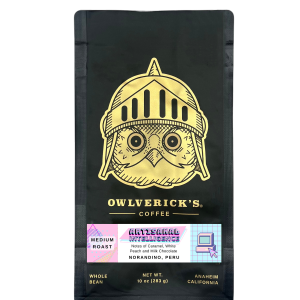 Front of Black Coffee Bag with Owl Design named Artisanal Intelligence