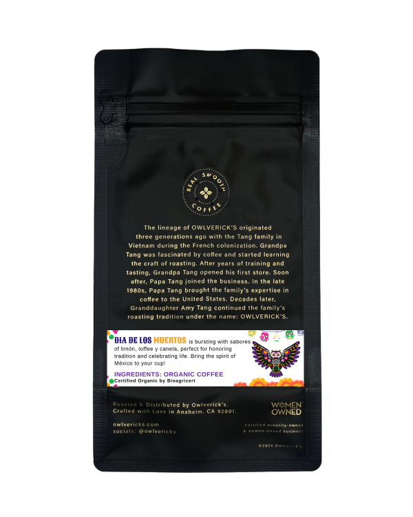 Back of Dia de los Muertos designed Coffee bag
