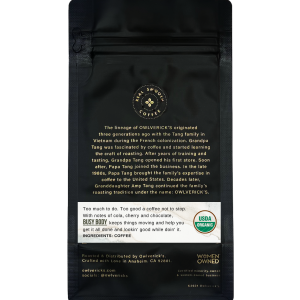 Back of Black Coffee Bag with small coffee flower design named Busy Body