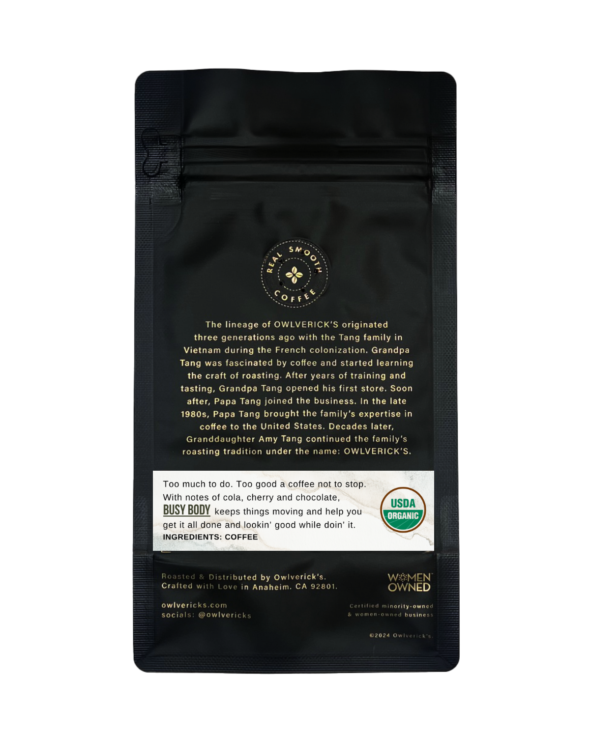Back of Black Coffee Bag with small coffee flower design named Busy Body